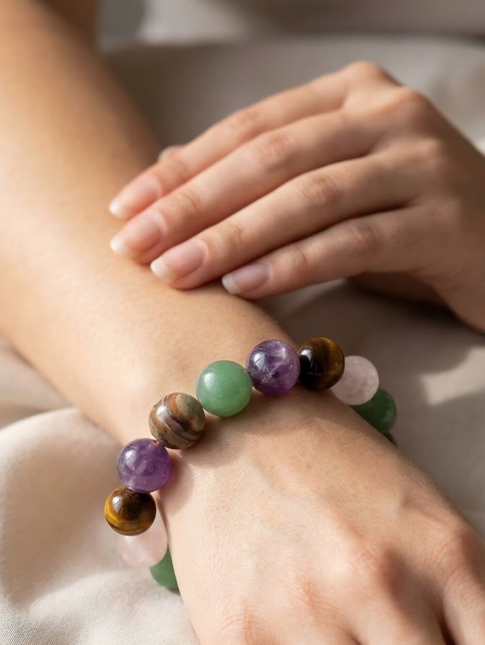 Glass Gemstone Energy Bracelet Tiger's Eye Amethyst Jade Healing Crystal Boho